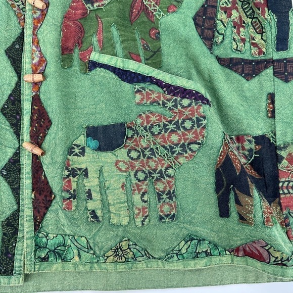 Tropical Elephants Boho womens wood toggle Jacket Patchwork Womens Green medium - Picture 12 of 14